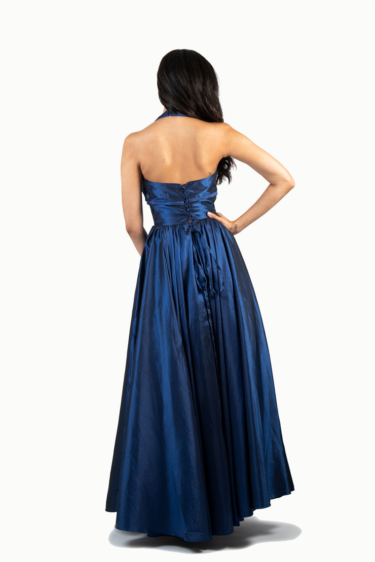 'TIFFANY' Pleated Halter Tafetta A-Line Dress | Navy