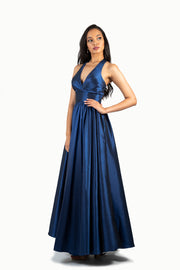 'TIFFANY' Pleated Halter Tafetta A-Line Dress | Navy