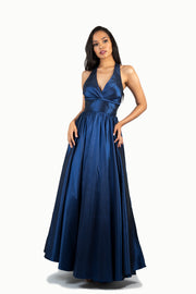 'TIFFANY' Pleated Halter Tafetta A-Line Dress | Navy