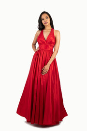 'TIFFANY' Pleated Halter Tafetta A-Line Dress | Ferrari Red