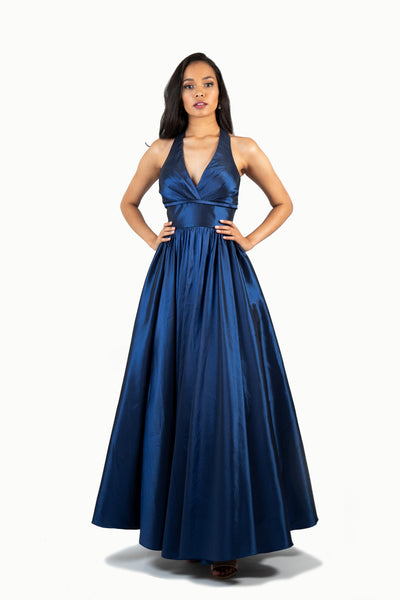 'TIFFANY' Pleated Halter Tafetta A-Line Dress | Navy