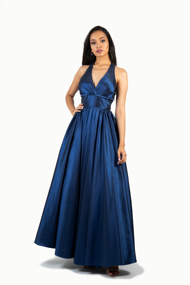 'TIFFANY' Pleated Halter Tafetta A-Line Dress | Navy