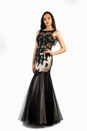 'ELLA' Lace High Neck Keyhole Back Tulle Mermaid | Black Nude