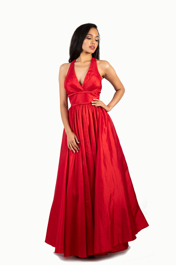 'TIFFANY' Pleated Halter Tafetta A-Line Dress | Ferrari Red